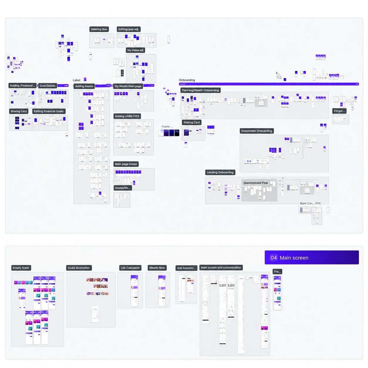 Earlier designs covering planning onboarding, wealth, assets, liabilities, goals, investment, and lending