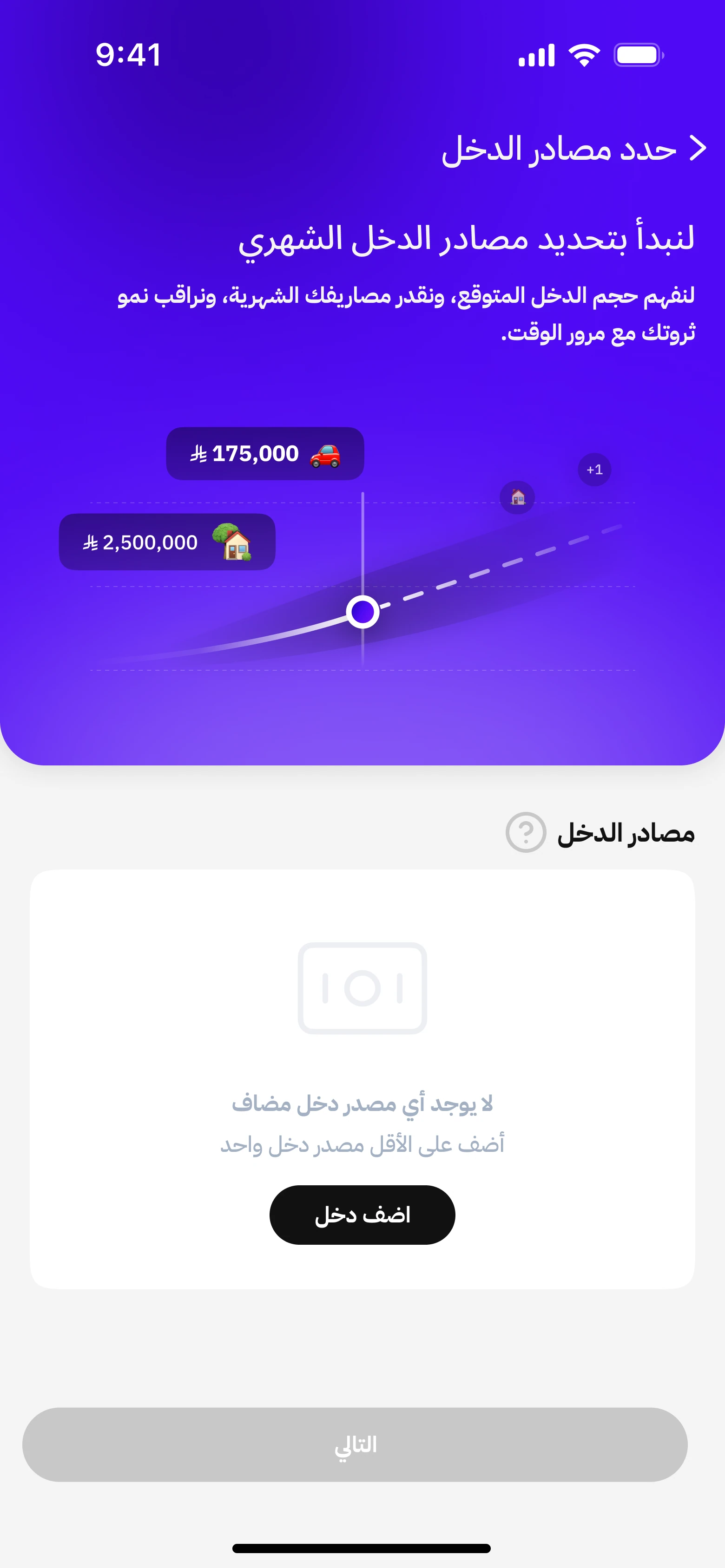 Income sources screen with no income added and an Add income button.